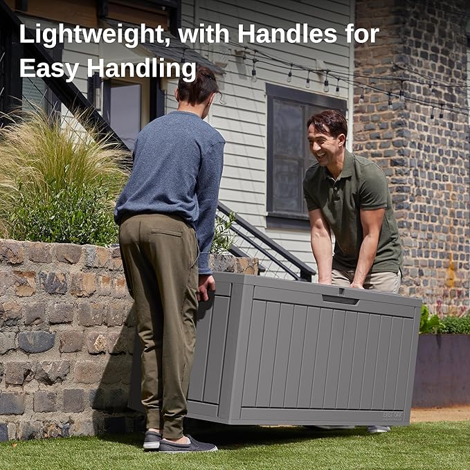 EAST OAK Outdoor Storage Box, 90 Gallon Deck Box, Waterproof Resin Storage Bin for Patio Cushions, Gardening Tools, Lockable, UV Resistant, Grey