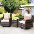 MEISSALIVVE 3 Pieces Patio Furniture Set with Swivel Chair, Outdoor Swivel Rocker with Washable Cushions & Tempered Glass Tabletop, Outdoor Rattan Conversation Set for Lawn Backyard Porch (Brown)