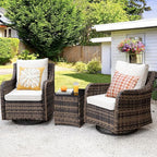 MEISSALIVVE 3 Pieces Patio Furniture Set with Swivel Chair, Outdoor Swivel Rocker with Washable Cushions & Tempered Glass Tabletop, Outdoor Rattan Conversation Set for Lawn Backyard Porch (Brown)