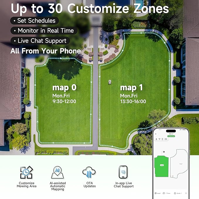 Robot Lawn Mower — 1.5 Acre Ultra Quiet Self Charging Robot Mower, Up to 4 inches Cutting Height, Robotic Lawn Mowers with RTK+4 Eye Vision, Mapping and Anti Theft tech, APP Control