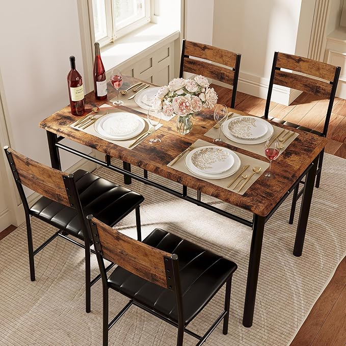 IRONCK Dining Table Set for 4, Rustic Brown | Wood Kitchen Table with Upholstered Chairs for Kitchen Room and Small Spaces