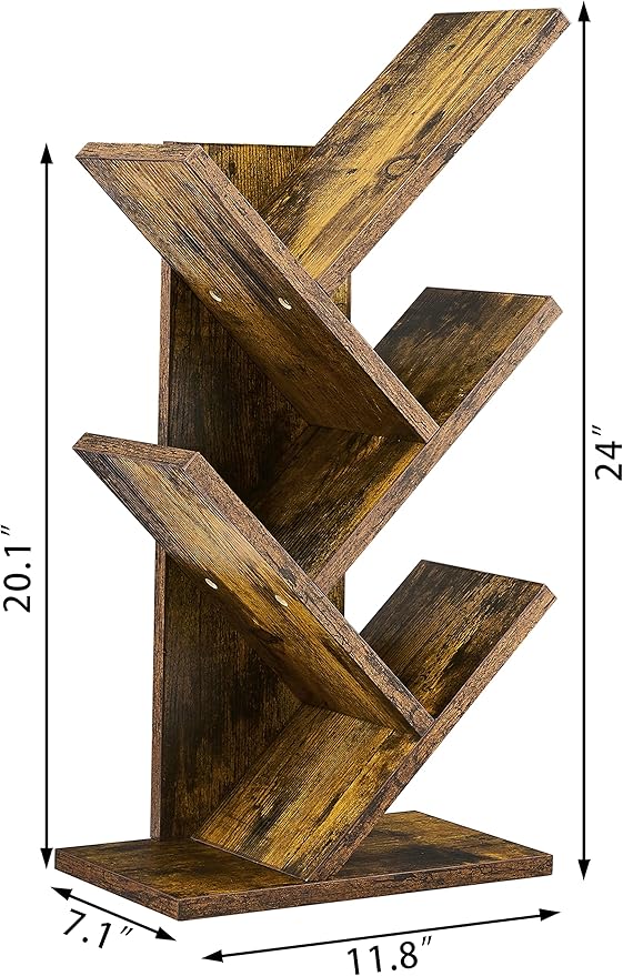 Hoctieon 4 Tier Tree Bookshelf, 4 Shelf Bookcase, Modern Book Storage, Free Standing Tree Bookcase, Utility Organizer Shelves for Home Office, Living Room, Bedroom, Rustic Brown