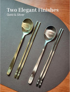 ONGI Korean Spoon and Chopsticks Set, Flat Korean Chopsticks, Premium 18/10 Stainless Steel, Turtle Symbol Design, Made in Korea, Dishwasher Safe, Meaningful Korean Gift (TT Gold 2 Set)