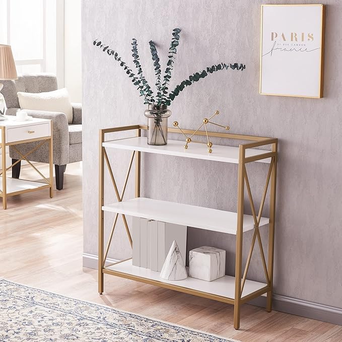 Leick Home 9261-WTGL Claudette Mixed Metal and Wood Bookshelf, White/gold