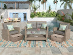 4-Piece Outdoor Patio Furniture Sets, All Weather Wicker Sectional Sofa Loveseat with Ottoman, Soft Cushions&Glass Table w/Shelf, Conversation Couch for Garden Backyard Poolside Deck, Gray