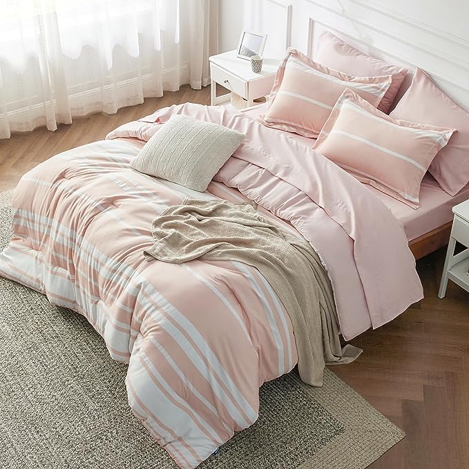 Bedsure Pink Comforter Set Full 7 Pieces, Light Pink White Striped Bedding Sets All Season Bed Set, 2 Pillow Shams, Flat Sheet, Fitted Sheet and 2 Pillowcases