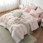 Bedsure Pink Comforter Set Full 7 Pieces, Light Pink White Striped Bedding Sets All Season Bed Set, 2 Pillow Shams, Flat Sheet, Fitted Sheet and 2 Pillowcases