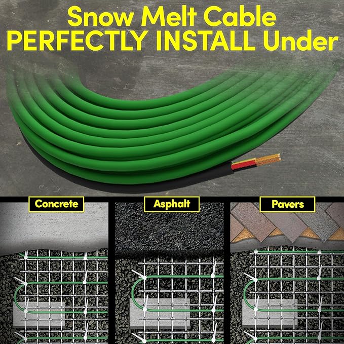 Electric Snow and Ice Melting Underground Cable 128 feet, Covers 42 sqft at up to 38 Watts/sqft, 240V – Radiant Heated Driveways, Walkways, Stairs – Installs Under Concrete, Asphalt, or Pavers