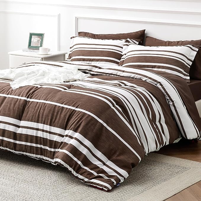Bedsure Bed in a Bag Twin Size 5-Piece Brown White Striped Bedding Comforter Sets All Season Bed Set with 1 Pillow Sham, Flat Sheet, Fitted Sheet and 1 Pillowcase