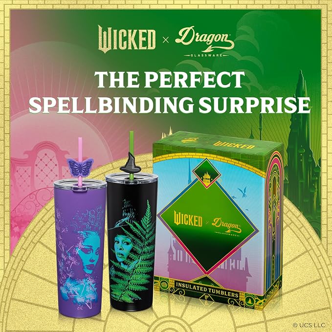 Dragon Glassware x Wicked: For Good Stainless Steel Tumbler, 24 oz 2-Pack | Set of 2 Vacuum Insulated Stainless Steel Wicked Cups with Lids & Straws; With Straw Charm; Official Wicked Merch