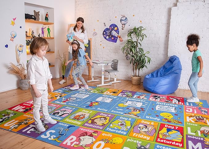 KC Cubs | Looney Tunes ABC Alphabet, Seasons, Months and Days of The Week Educational Learning & Game Play Area Non Slip Boy & Girl Kids Rug Carpet for Children Bedroom, Toddler Classroom & Baby Mat