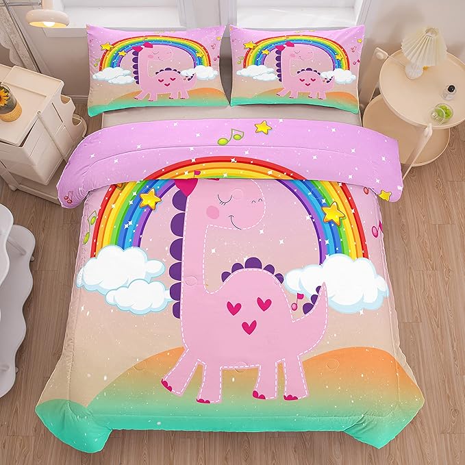 Tailor Shop Pink Dinosaur Bedding Set Twin Size,Dinosaur Comforter Set for Girls,Cartoon Rainbow Dino Comforter Sets for Kids Teens，with 1 Comforter 1 Pillowcase…