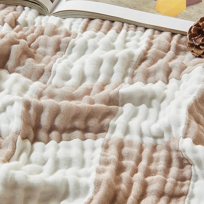 EMME Checkered Cotton Blanket Twin Large 60"x80" 100% Muslin for Couch Breathable Cooling Gauze All Season Soft and Lightweight Pre-Washed (Light Tan)
