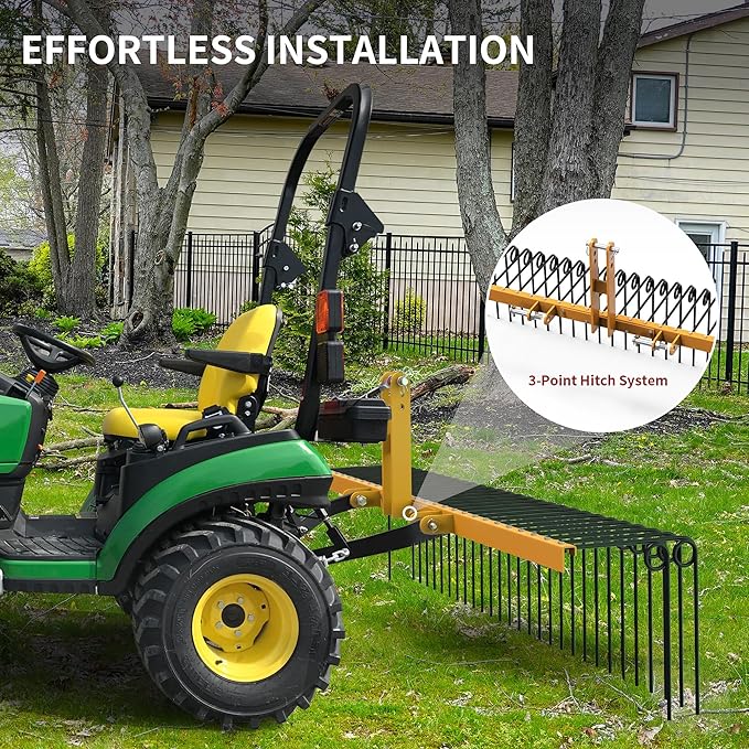 YITAMOTOR 72" Tow Behind Landscape Rake, 3 Point Quick Hitch Lawn Dethatcher Rakes with 32 Steel Tines for Category 1 Tractors, Heavy Duty Powder Coated Finish Tools for Leaves, Pine Needles, Straw