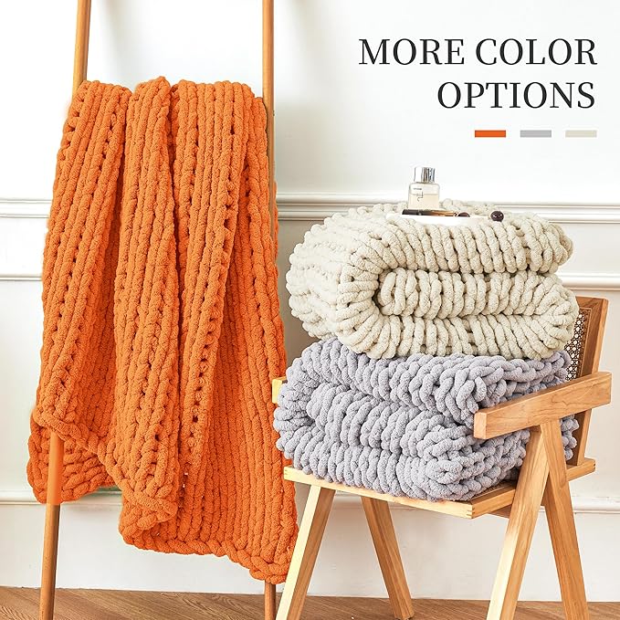 Admitrack Chunky Knit Blanket Throw, 100% Hand Knit Chenille Throw Blanket for Sofa & Home Decor, Soft and Cozy Knitted Throw Blankets (Orange, 51"x63")