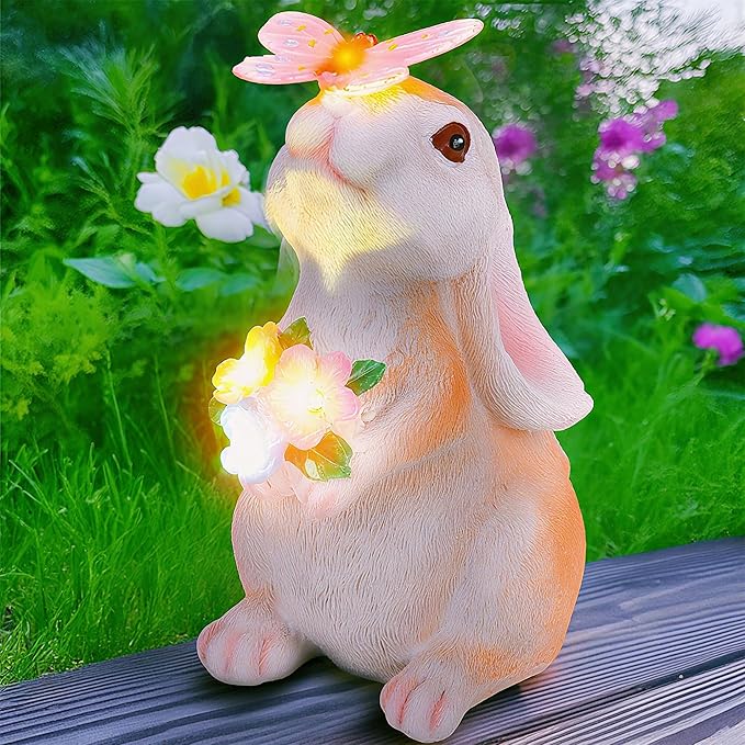 Vermeyen Solar Garden Statues Outdoor Decor-Yard Decorations for Patio,Balcony,Backyard,Lawn Ornaments-Easter Bunny Figurines with LED Light-Unique Birthday Gardening Gifts for Women,Mom,Grandma