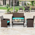 YITAHOME Patio Furniture Wicker Outdoor Bistro Set, 4-Piece All Weather Rattan Conversation Loveseat for Backyard, Balcony and Deck w/Soft Cushions and Metal Coffee Table (Brown+Blue)