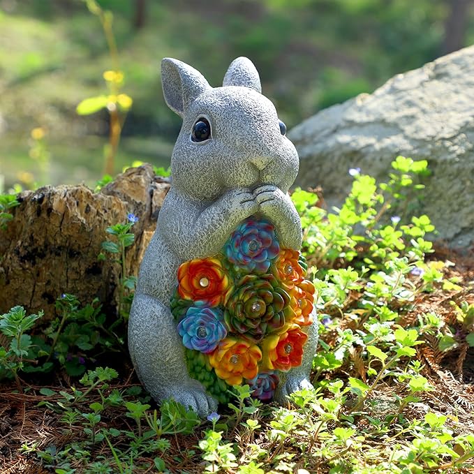 FORUP Easter Solar Garden Outdoor Statues, Bunny Statue with Succulent, Resin Figurine Garden Lawn Ornaments with 8 LED Lights, Rabbit Statue for Easter Outdoor Lawn Yard Garden Decorations