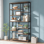 Modern 8-Tier Staggered Bookcase - 79 Inches Tall, Wide Wood Etagere Shelving Unit