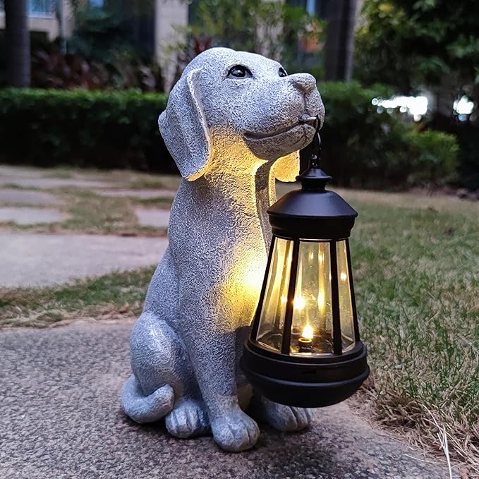 Solar Dog Outdoor Garden Statue with LED Light,Dog Solar Lights Lantern Outside Decorations for Yard, Lawn Decor Statue for Patio, Balcony, Yard Ornament,Unique Dog Gifts for Mom
