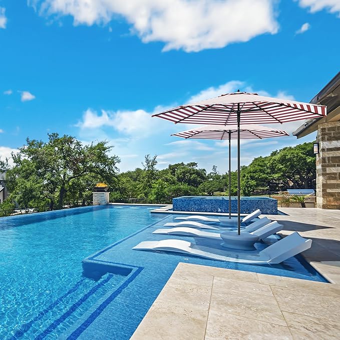 Midtown Umbrellas Push and Pop 10 Feet Outdoor Umbrella, Red/White Stripes Polyester Fabric - Fiberglass Ribs Deck Patio Umbrella, Backyard Umbrella, Garden Umbrella & Pool Umbrella - Black Pole
