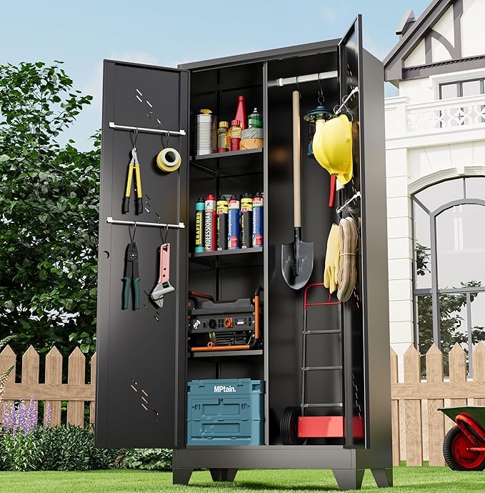 71" Metal Tools Storage Cabinet with Doors and Shelves, Outdoor Storage Sheds with Lock, Black Cleaning Supplies Organization Cabinet with Hanging Rod for Garage, Outdoor,