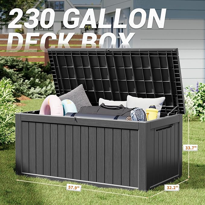 NUNU LAB 230 Gallon Large Resin Deck Box, Waterproof Outdoor Storage Box, Lockable Storage Bin for Patio Furniture, Garden Tools, Pool Accessories, UV-Resistant & All-Weather, Black