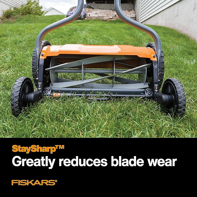 Fiskars Push Mower - 17" Cut Width Manual Reel Mower with No Motor - Grass Cutter with Steel Blades that Stay Sharp - Eco-Friendly Cordless Grass Trimmer for Lawn Care