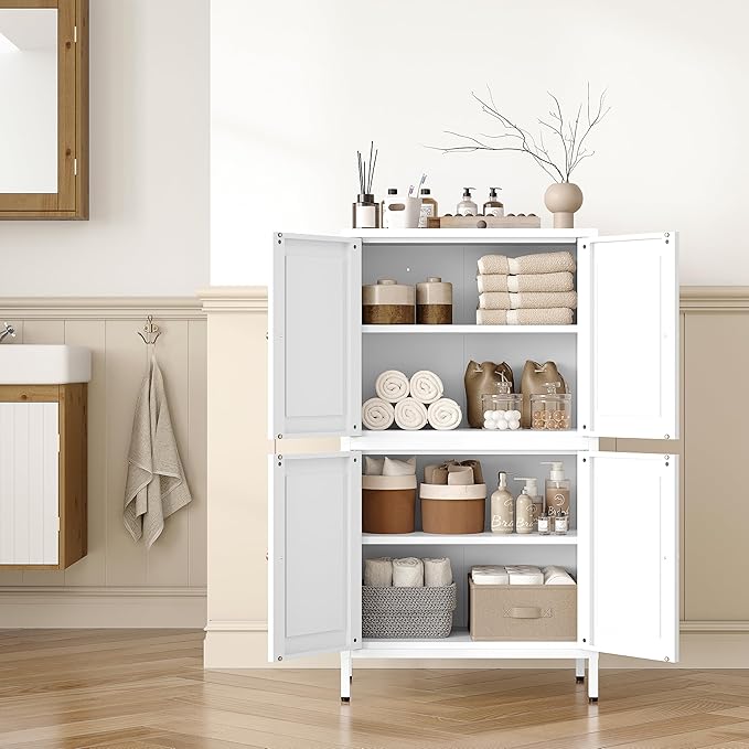 White Storage Cabinet with 4 Doors and 2 Adjustable Shelves,Narrow Food Pantry Cabinet with Leg,24 inch Wide Bathroom Cabinets,Small Metal Storage Cabinets for Home Kitchen,Dining/Living/Laundry/Room