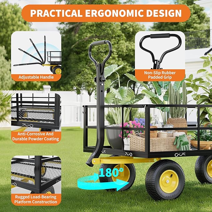 3-in-1 Heavy-Duty Steel Garden Cart, 1200 Lbs Garden Wagon, with 13 Inch All-Terrain Tires and Removable Mesh Side Panels, 180° Rotating Handle, Metal Multi-Function Carts, Outdoor Gardens Wagon Cart