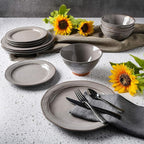Gibson Elite Terranea Round Reactive Glaze Terra Cotta Dinnerware Set, Service for Four (12pcs), Grey