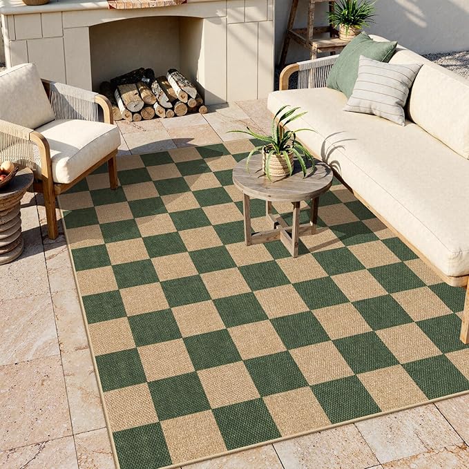 Lahome Checkered Easy Jute Dining Room Rug, 5x7 Indoor Outdoor Rugs for Patio Living Room, Neutral Checkerboard Non Slip Low Pile Green Carpet for Bedroom Office Backyard