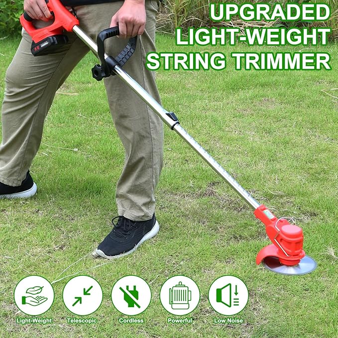Cordless String Trimmer & Weed Eater, Electric Weed Wacker & Lawn Edger Tool Battery Powered with 3 Types of Blades, Lightweight Grass Trimmer with 2*21V Battery, Brush Cutter for Lawn Garden