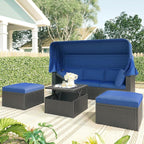 Patio Rectangle Daybed with Retractable Canopy and Lift Up Side Table, PE Rattan Wicker Outdoor Furniture Sectional Sofa Set Sunbed w/Ottoman for Garden, Onesize, Grey Rattan&Blue Cushions