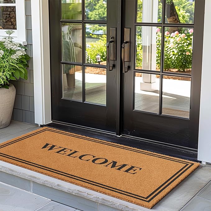 Barnyard Designs Natural Coco Coir Heavy Duty Backing Doormat - Large Cute Non-Slip Front Door Welcome Mat for Outside Entrance or Porch Entry, Brown (36x72, Welcome)