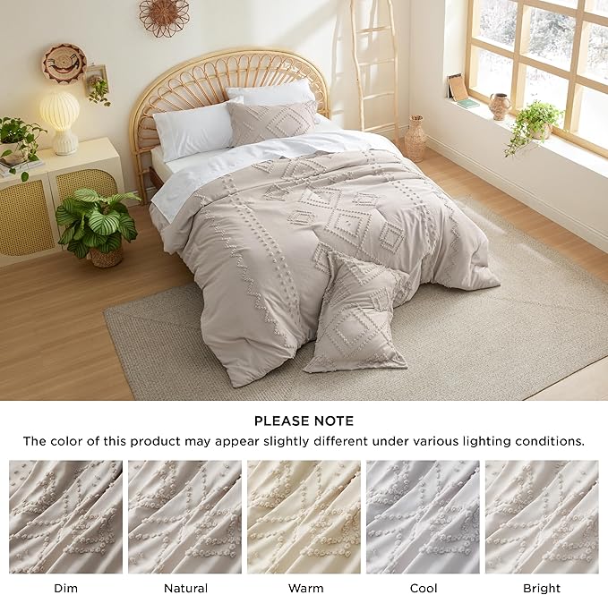 Bedsure Boho Comforter Set Full - Linen Tufted Bedding Comforter Set, 3 Pieces Farmhouse Shabby Chic Embroidery Bedding Set, Soft Geometric Pattern Comforter for All Seasons