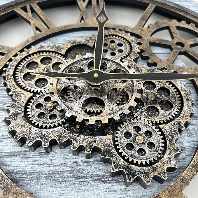 HOIBAI Large Wall Clock, Wall Clocks for Living Room Decor Farmhouse Vintage Rustic Kitchen Wall Decor Vintage Roman Big Oversized Wall Clock for Home Bedroom House Office, Moving Gears Clock