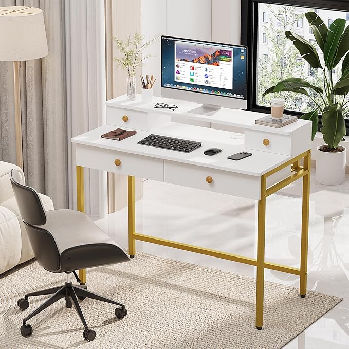 Elephance Small Computer Desk with Monitor Stand 39.37" Home Office Desk with 4 Drawers Study Writing Desk Gaming Table for Small Space