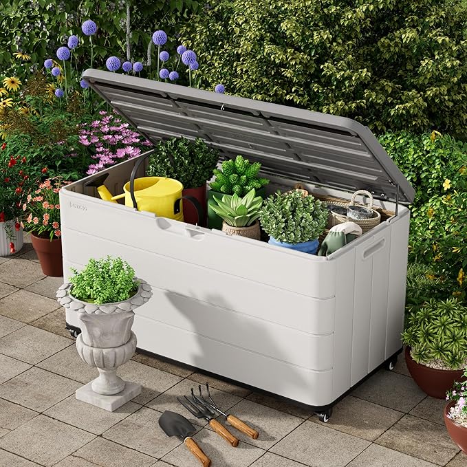 100GAL White Resin Deck Box with Wheels – Lockable, Waterproof, SGS-Tested UV Resistance, Spacious Outdoor Storage for Patio Cushions & Pool Gear, Easy Assembly
