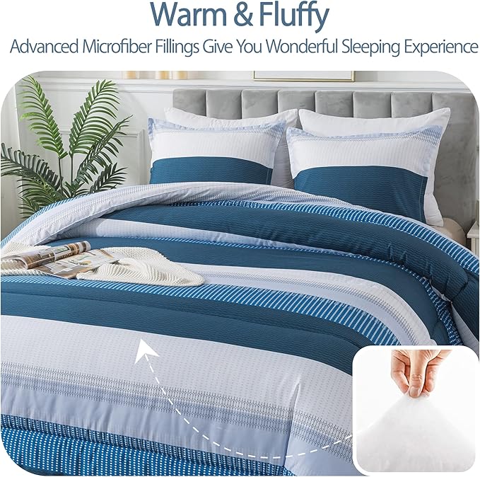 Andency Stripe Comforter Set Full Size (79x90 Inch), 3 Pieces Navy Patchwork Striped Comforter, Soft Microfiber Down Alternative Comforter Bedding Set with Corner Loops