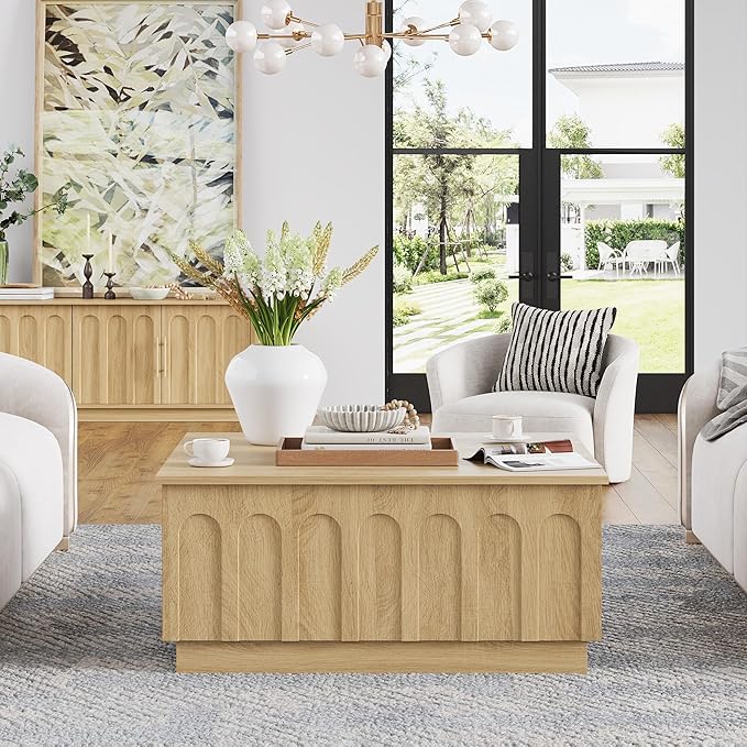 Lift Top Coffee Table with Storage, Modern Coffee Table with Arched Design, 31.5" Square Tea Table with Wood Grain, Boho Multifunctional Center Table for Living Room, Office, Oak