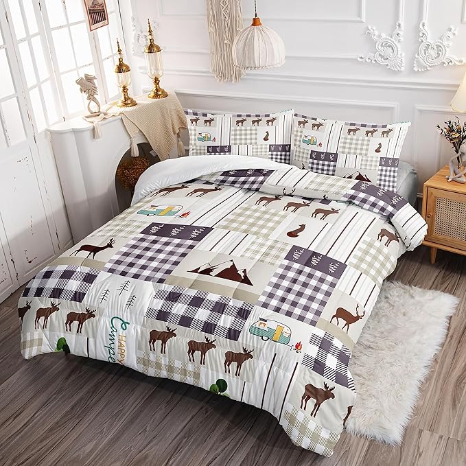 Datura home Happy Camper Comforter Set Rustic Lodge and Camper Deer Printed Quilt Bedding Set with 1 Comforter and 2 Pillowcases for Boys and Girls Bedroom All Season(Camper Full)