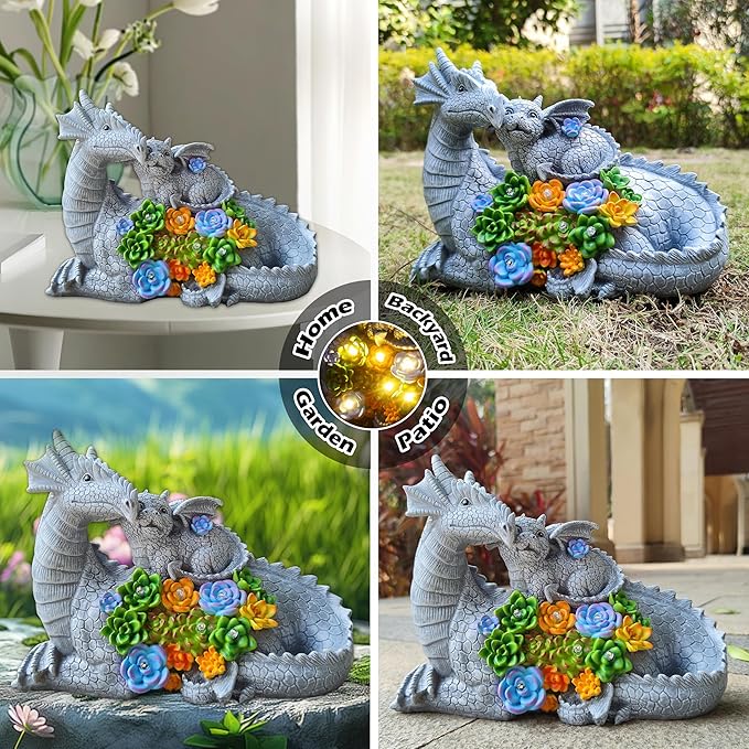 Solar Dragon Statue with LED Lights, Dargon Lover Gifts with Succulent and 6 LED Lights for Outdoor,Solar Dragon Decor for Yard, Garden and Patio, Unique Garden Statue for Mom Grandma