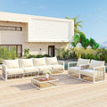 7-Piece Rattan Woven Outdoor Patio Furniture Set, All-Weather Sectional Sofa with Removable Cushions&Coffee Table, Minimalist Style Garden Couch Seating, Onesize, White Frame+Ivory Cushion