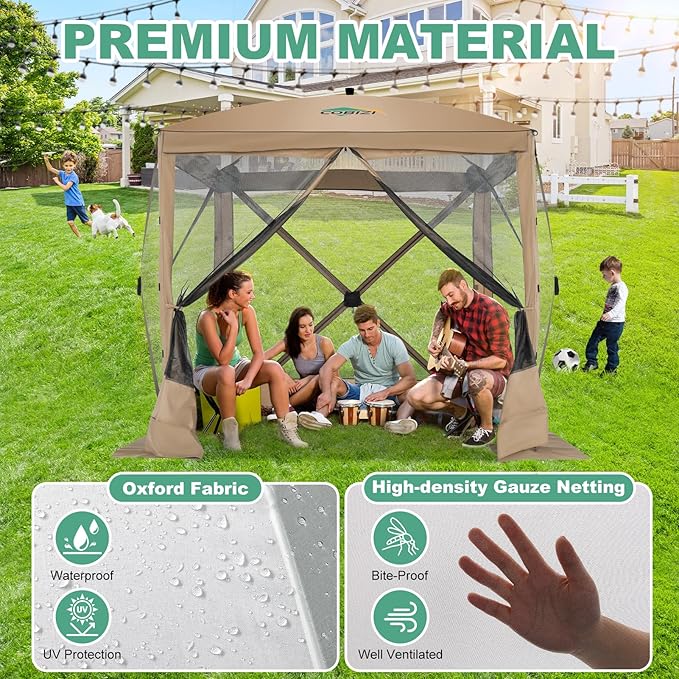 COBIZI 6x6 Pop up Gazebo Tent on Clearance, Ez up Waterproof Screen Tent Screen House with 3 sidewalls,Portable Outdoor Canopy with Carry Bag & Ground Stakes for Camping,Garden and Picnics, Khaki