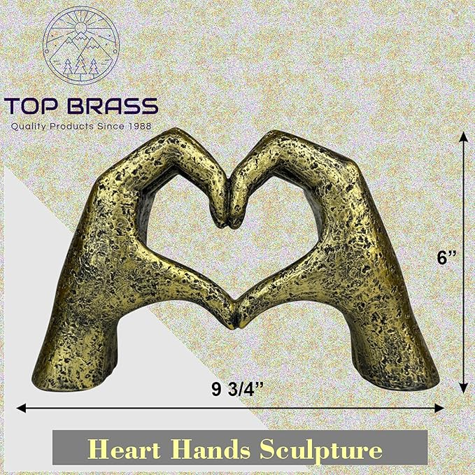 Top Brass Large Rustic Heart Hands Sculpture, 9 3/4” Resin Love Statue – Romantic Decor Accent for Shelf or Mantel – Perfect for Wedding, Valentine's Day or Anniversary (Weathered Bronze)