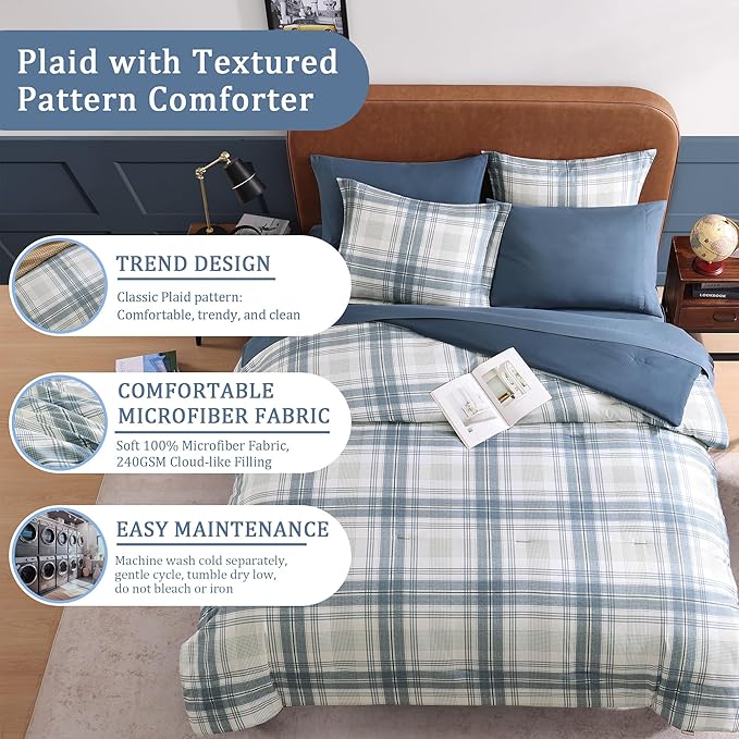 Blue Comforters Queen Size, Plaid Queen Bed Set for Boys & Girls,Classic Homestead-style Queen Size Comforter Sets with Sheets and Comforter Set