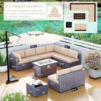 Kullavik 10 Pieces Outdoor Patio Furniture Set with 43" Gas Propane Fire Pit Table PE Wicker Rattan Sectional Sofa Patio Conversation Sets,Sand