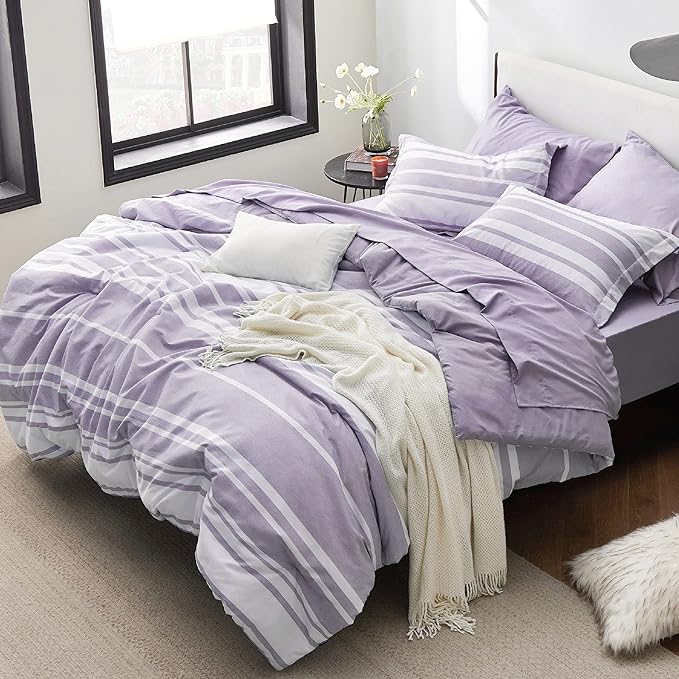 Bedsure Bed in a Bag King Size 7 Pieces, Purple White Striped Bedding Comforter Sets All Season Bed Set, 2 Pillow Shams, Flat Sheet, Fitted Sheet and 2 Pillowcases