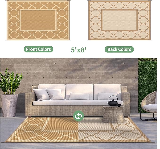GENIMO 5' x 8' Outdoor Rug Waterproof for Patio Decor, Foldable Reversible Plastic Straw Area Rugs Mat for Camper, Outside Carpet for Rv, Deck, Porch, Picnic, Beach, Balcony, Brown & Beige